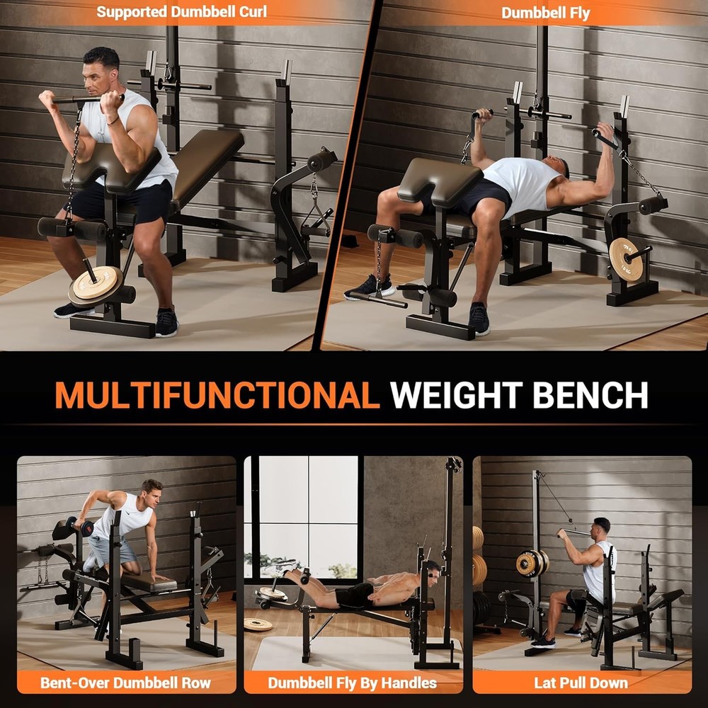 Adjustable Weight Bench with Leg Extension, Lat Pulldown, Elbow Support for Home