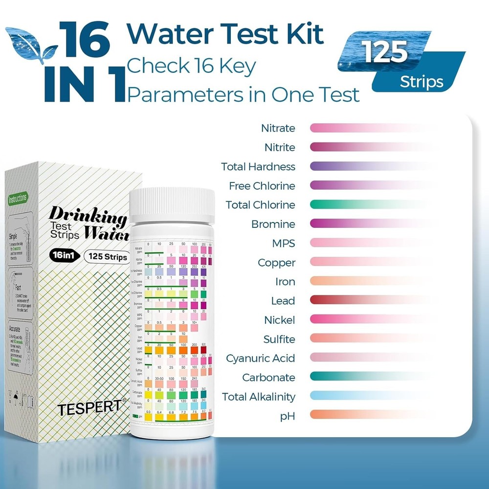 Drinking Water Strips 125ct 16 in 1 – 30s Quick Screening for Hardness, pH, ...