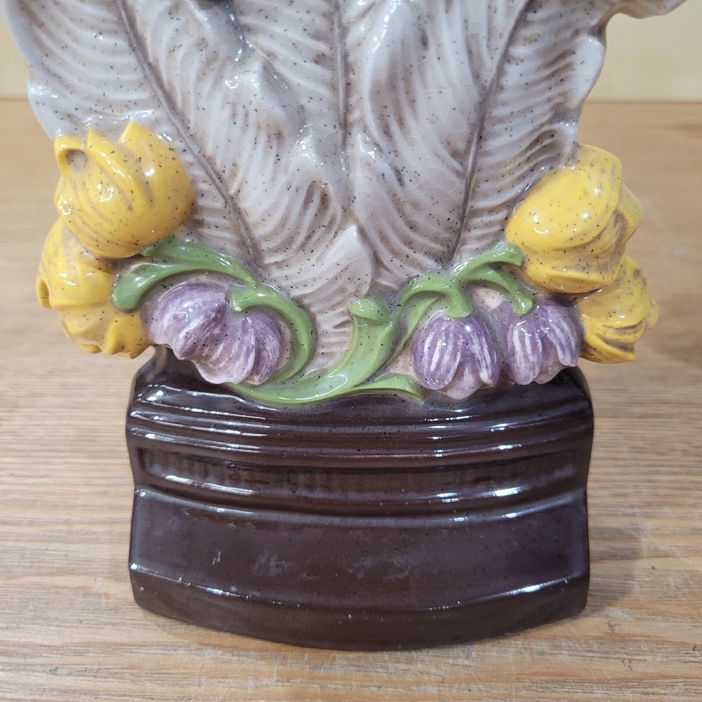Vtg Feather & Yellow Flower Chalkware Bookends Painted Retro Plaster Felt Base