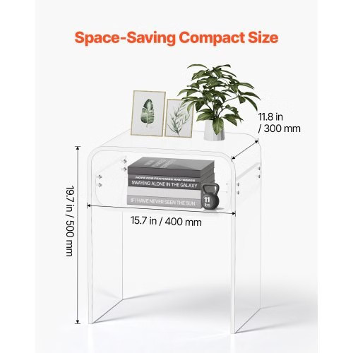 Acrylic Side Table, 2 Tiers Clear Bedside Table with Storage Shelf, Modern Recta