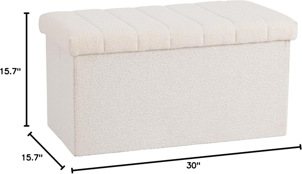 Space-Saving White Boucle Storage Bench - Elegant Ottoman for Home Decor
