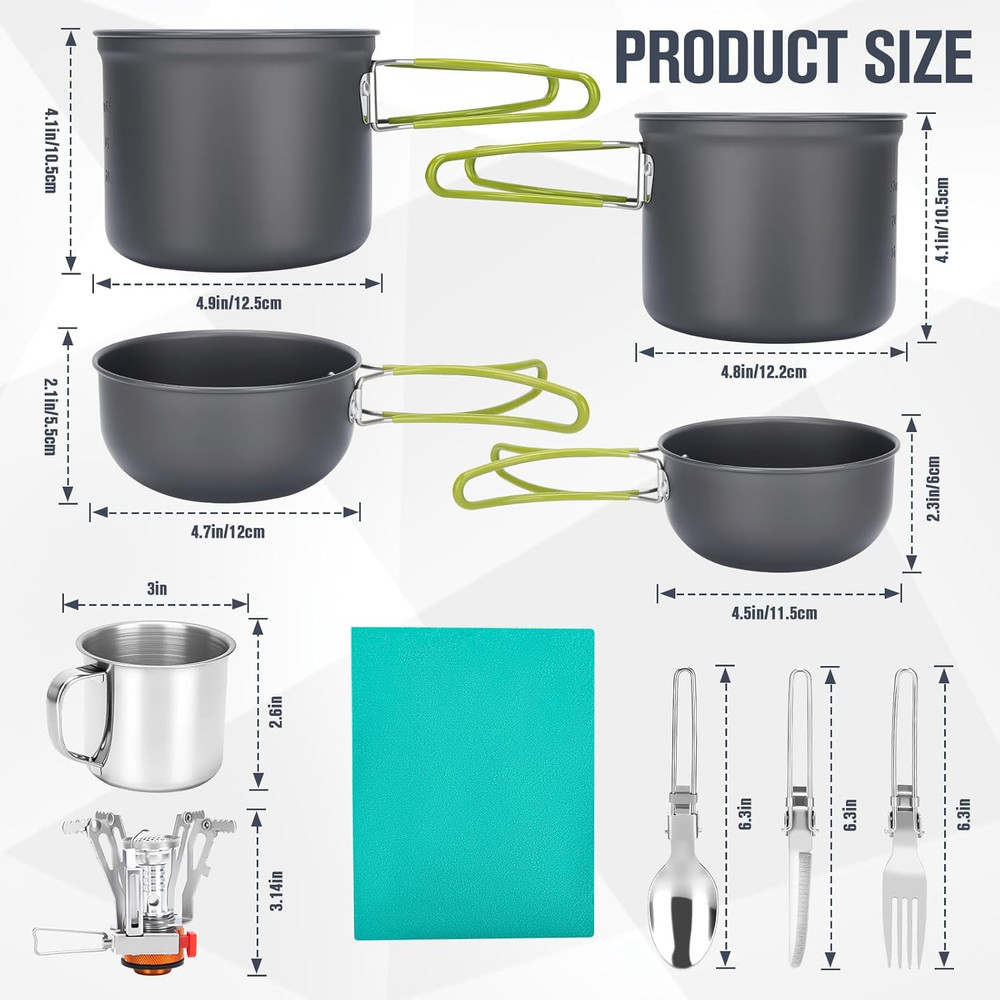 Camping Cookware Set, 16Pcs Lightweight Backpacking Mess Kit with Camping Pots a