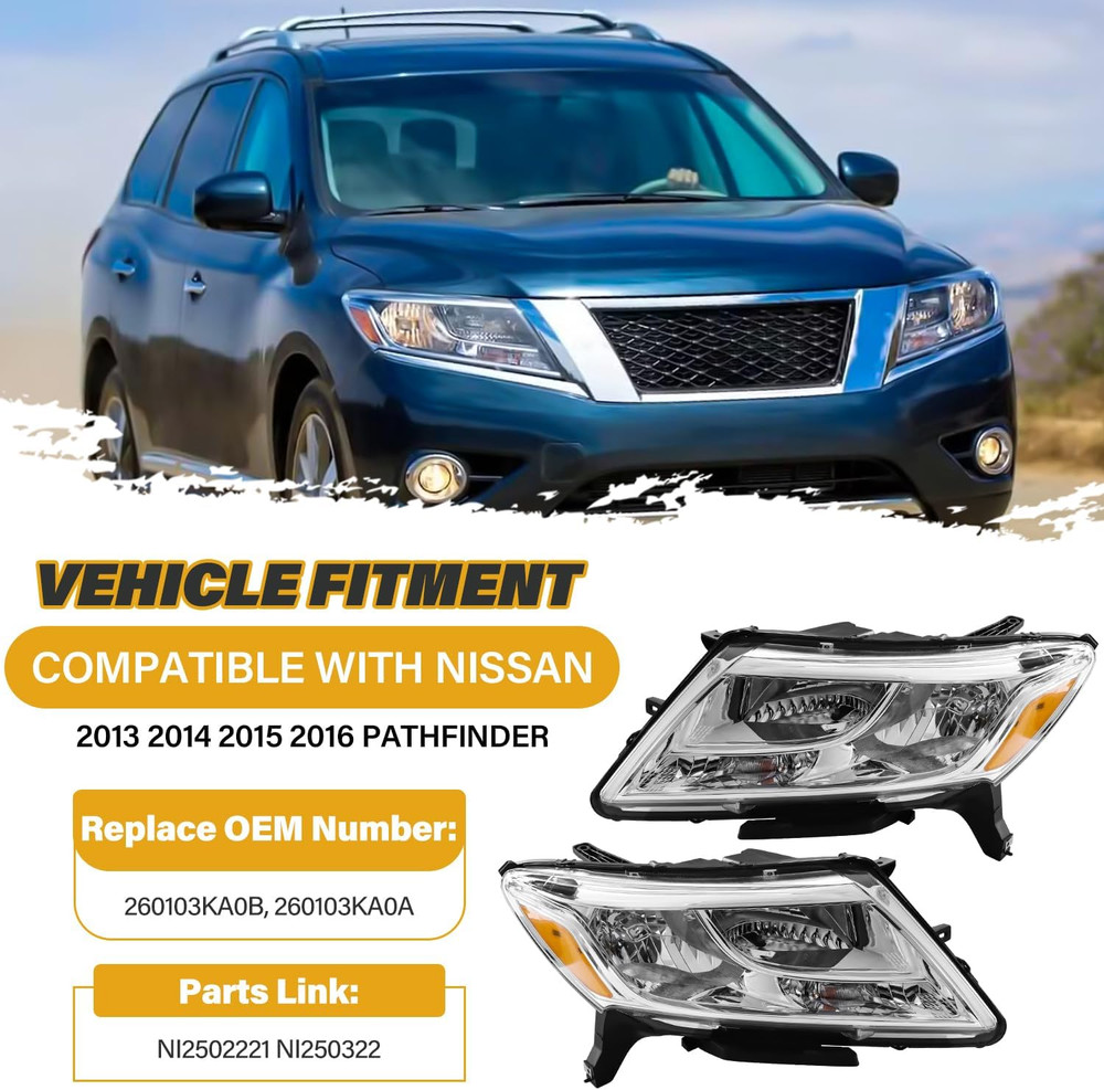 Headlight Assembly Compatible with Nissan Pathfinder 2013-2016, Halogen Headlamp