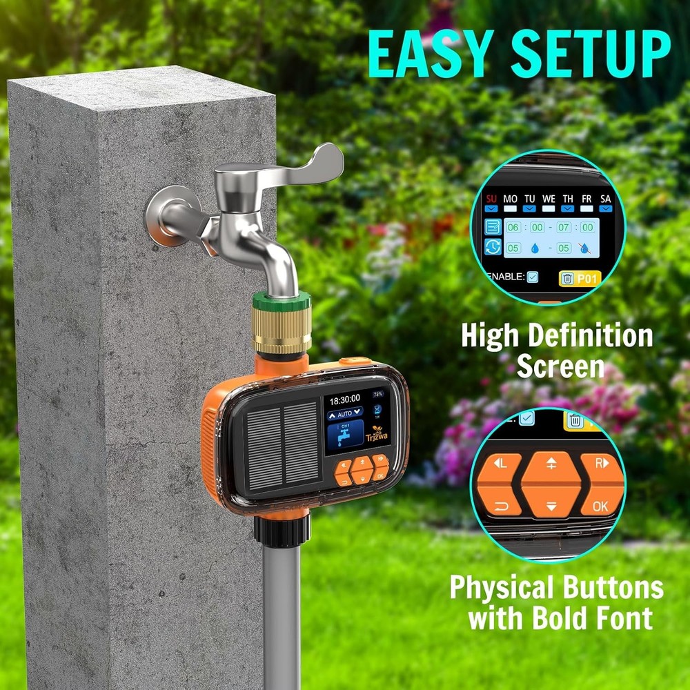 Solar Hose Timer 2000mAh - Smart Watering System w/ Rain Delay & USB-C Charging