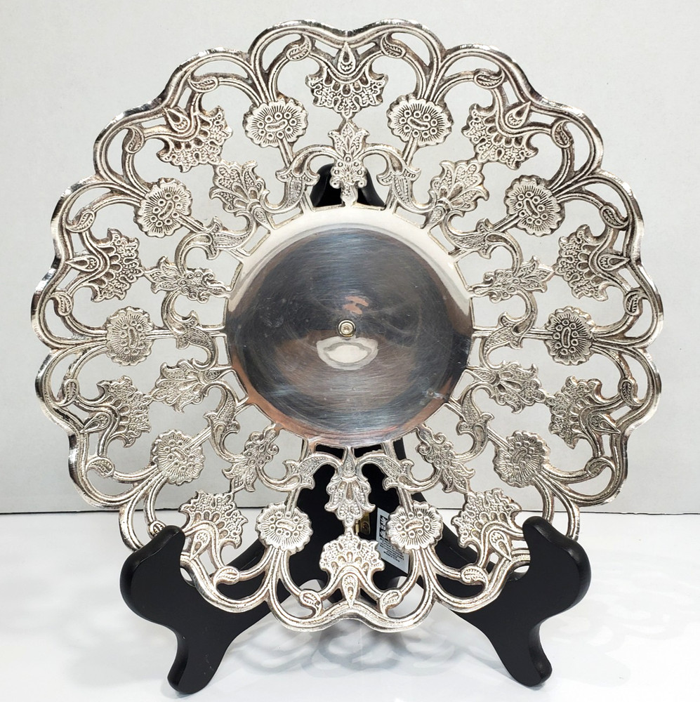 Silver Tone Tart Dessert Serving Dish Cutwork Pattern INDIA 9 1/4" READ