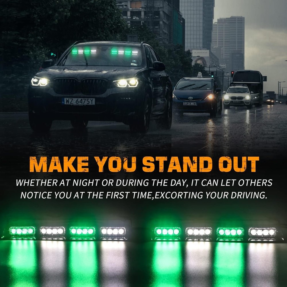 Green White Emergency Dash Strobe Lights Safety Flashing Warning Interior Front/