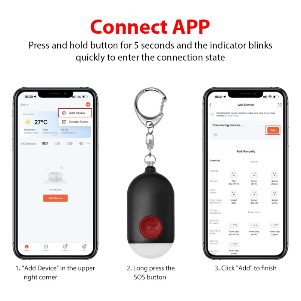 Smart Personal Alarm With Keychain and Flashlight - Tuya