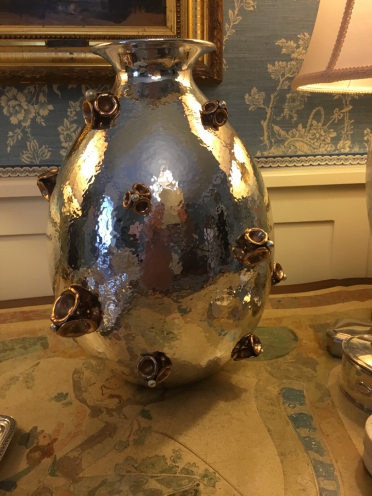 solid silver italian 1930 art deco vase, mixed metals probably GENAZZI unsigned