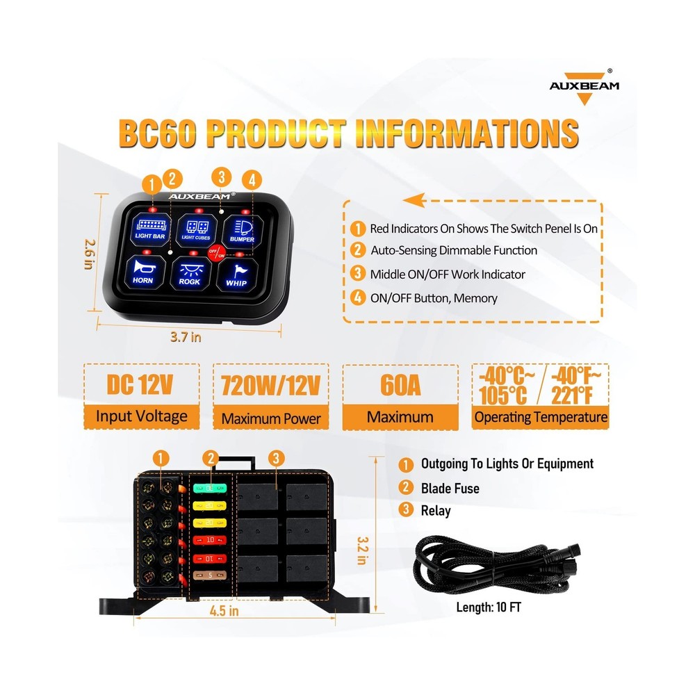 Auxbeam 6 Gang Switch Panel BC60, Universal Circuit Control Relay System Box ...