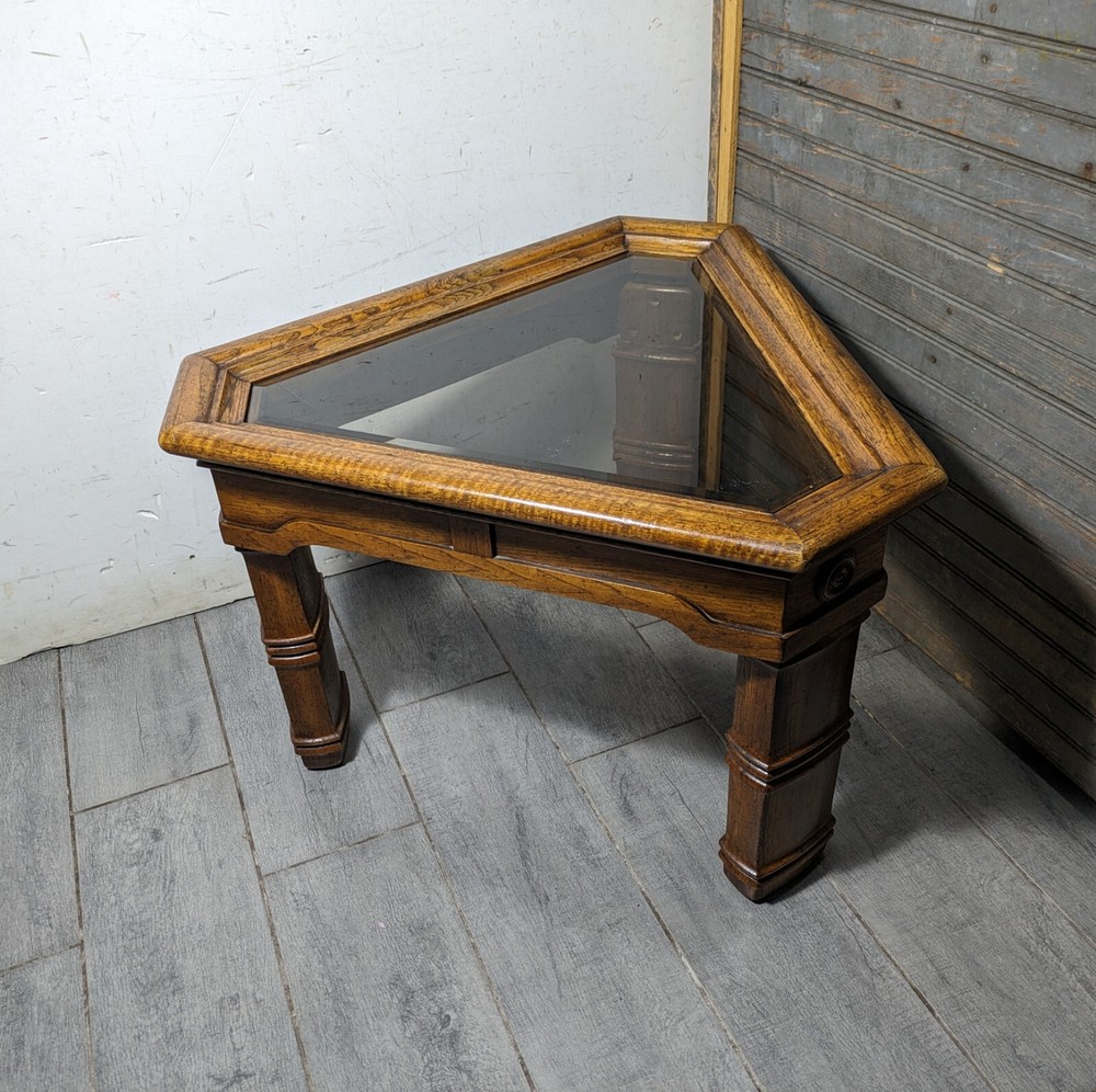 Vintage Rustic Carved Oak Wood Triangular Side Table Spanish Colonial Style