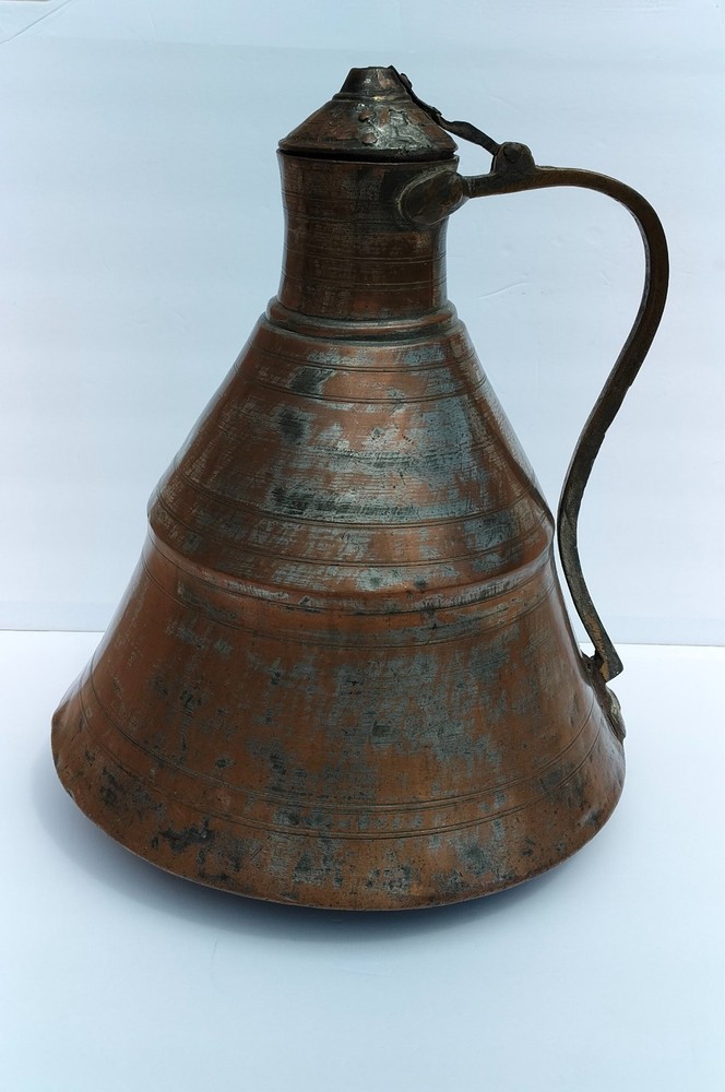 Large Antique Copper Ewer / Pitcher with Hinged Lid – Handmade Statement Piece