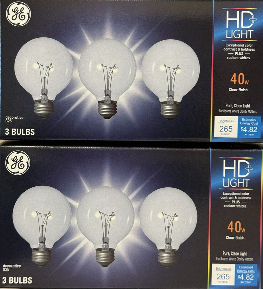 6 GE 40W Crystal Clear G25 Globe Light Bulbs w/Medium Base