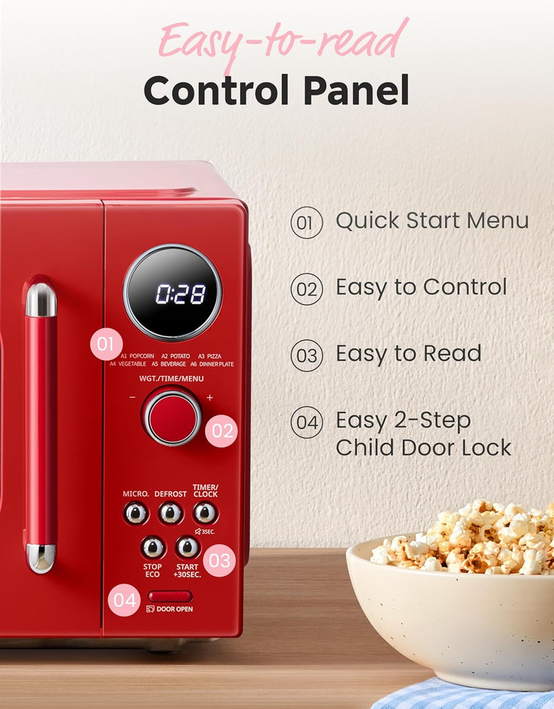 COMFEE Retro 0.9 Cu.Ft Microwave Oven with 9 Presets & Mute Function, Red