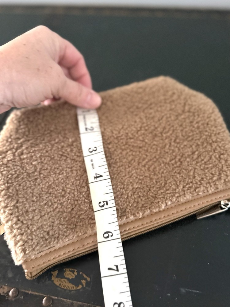 Neiman Marcus tan sherpa cosmetic bag