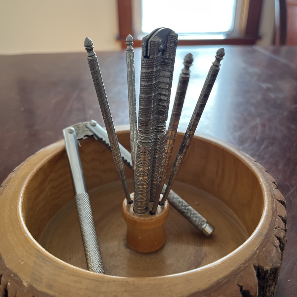 Vintage Solid Tree Bark Nut Bowl with 1 HMQ Nutcracker & 4 picks Cloth Bottom