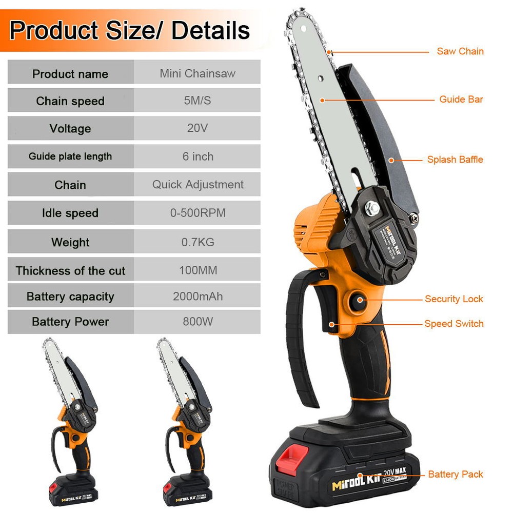 Cordless Chainsaw W/2000mah Battery +2 Chains 6-Inch Hand-held Mini Pruning Saw