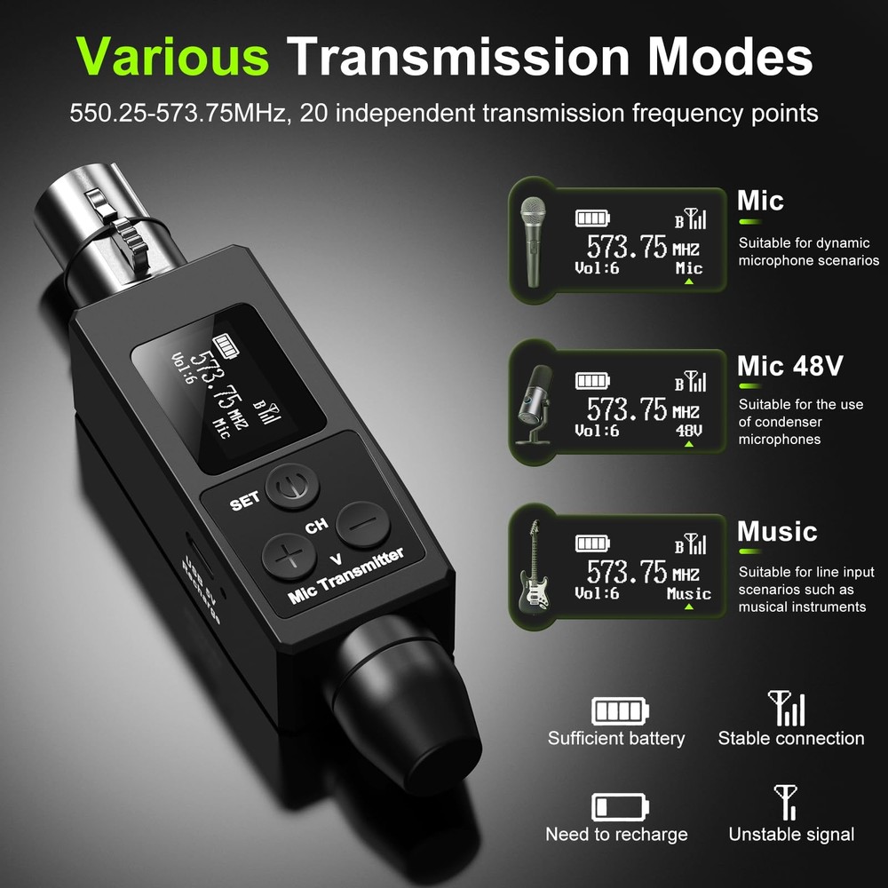 Wireless XLR Transmitter and Receiver Rechargeable Mic Adapter UHF 98ft Range...