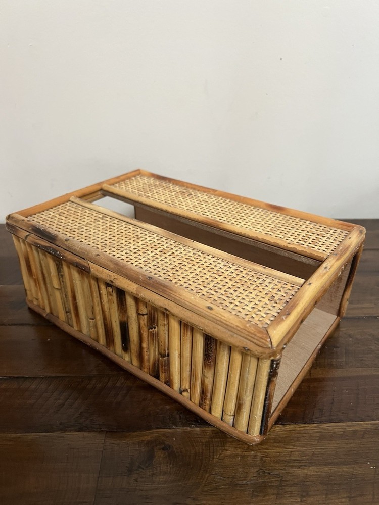 Vintage MCM Bamboo Wood Tissue Box Holder Sturdy Solid Piece