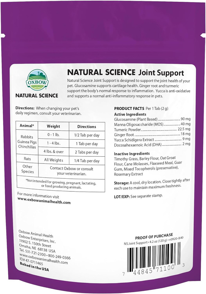 Oxbow Natural Science Joint Support, anti Inflammatory Supplement for Rabbit & G