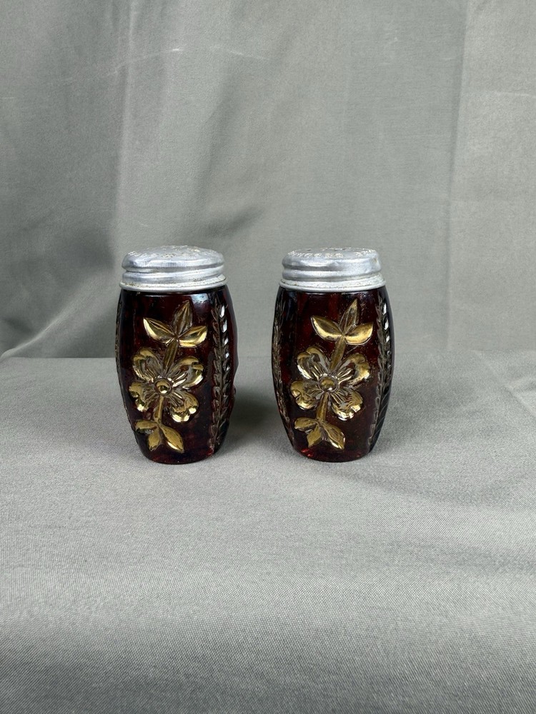 Antique EAPG Ruby Stained Art Navo Salt & Pepper Shaker Set Cooperative Flint