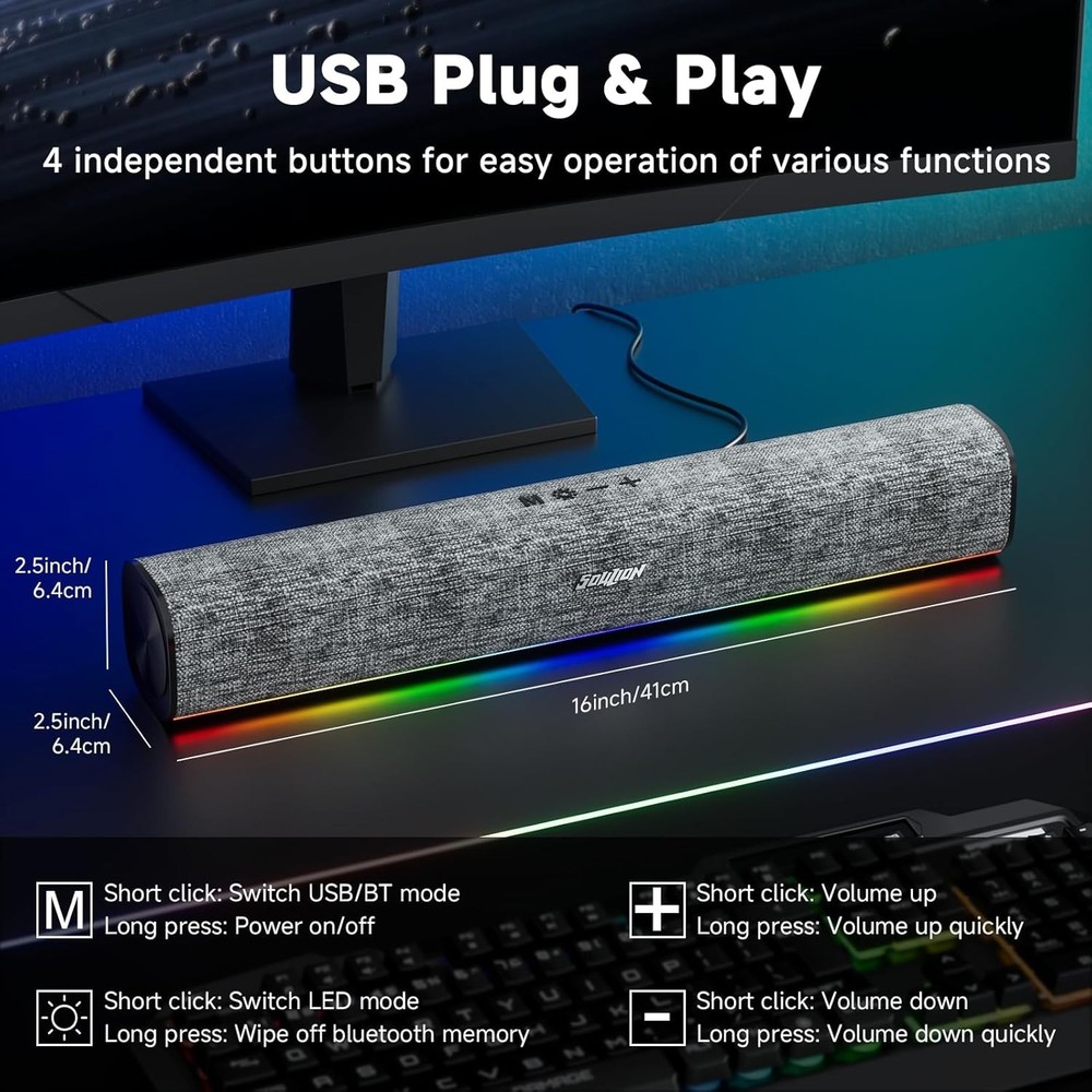 SOULION R100 Bluetooth Computer Speakers with Dynamic LED Light, USB Plug & Play