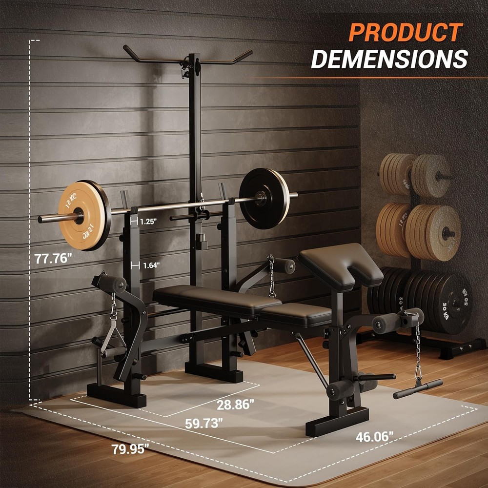 Adjustable Weight Bench with Leg Extension, Lat Pulldown, Elbow Support for Home