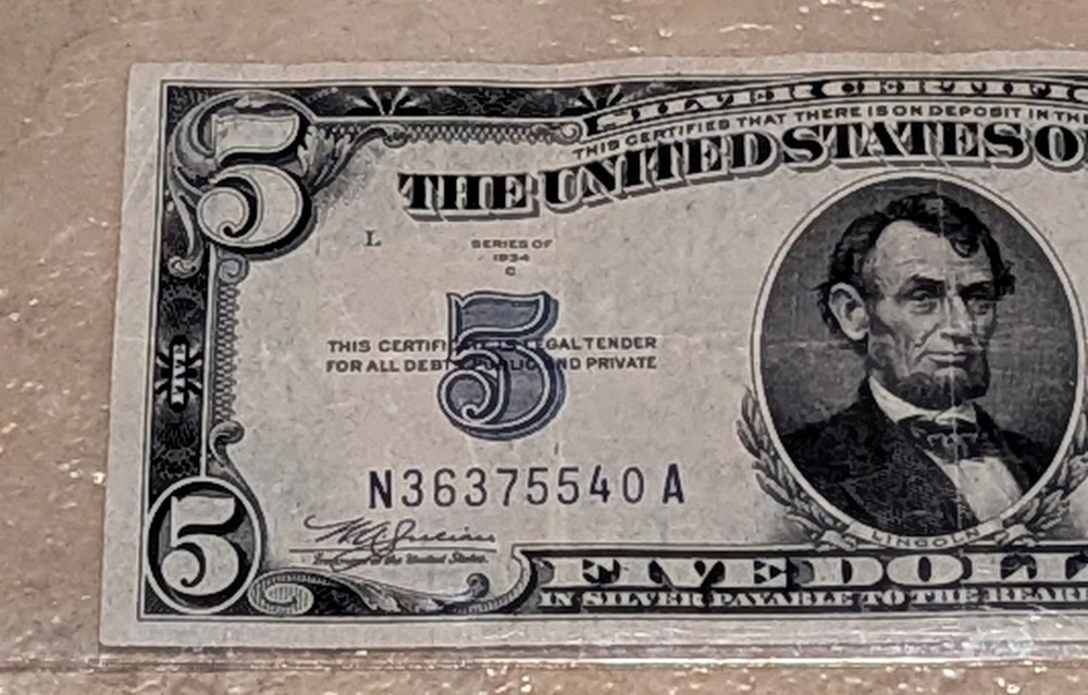 $5 1934-C Five Dollar Note Bill Silver Certificate!!!!!!540