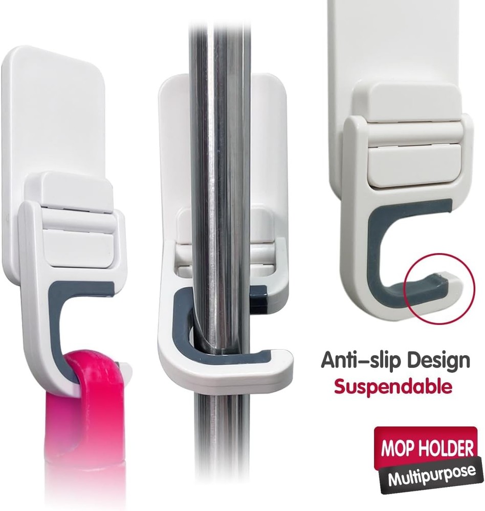 Broom Holder Wall Mount, Mount Self Adhesive, White-6pack