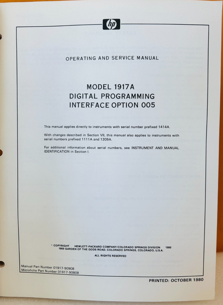 HP 01917-90908 Model 1917A Digital Programming Interface Opt 005 Service Manual.