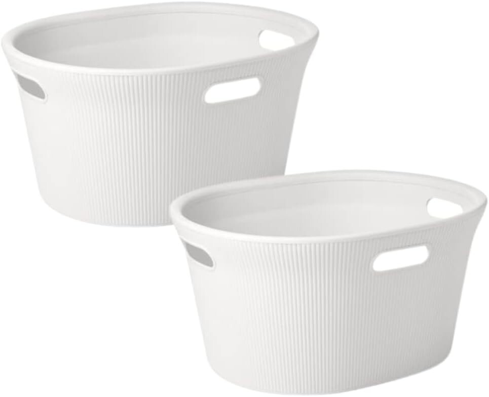 Decorative Plastic Laundry Baskets 35 Liter, White (2 Pack) with Cut-Out Handle