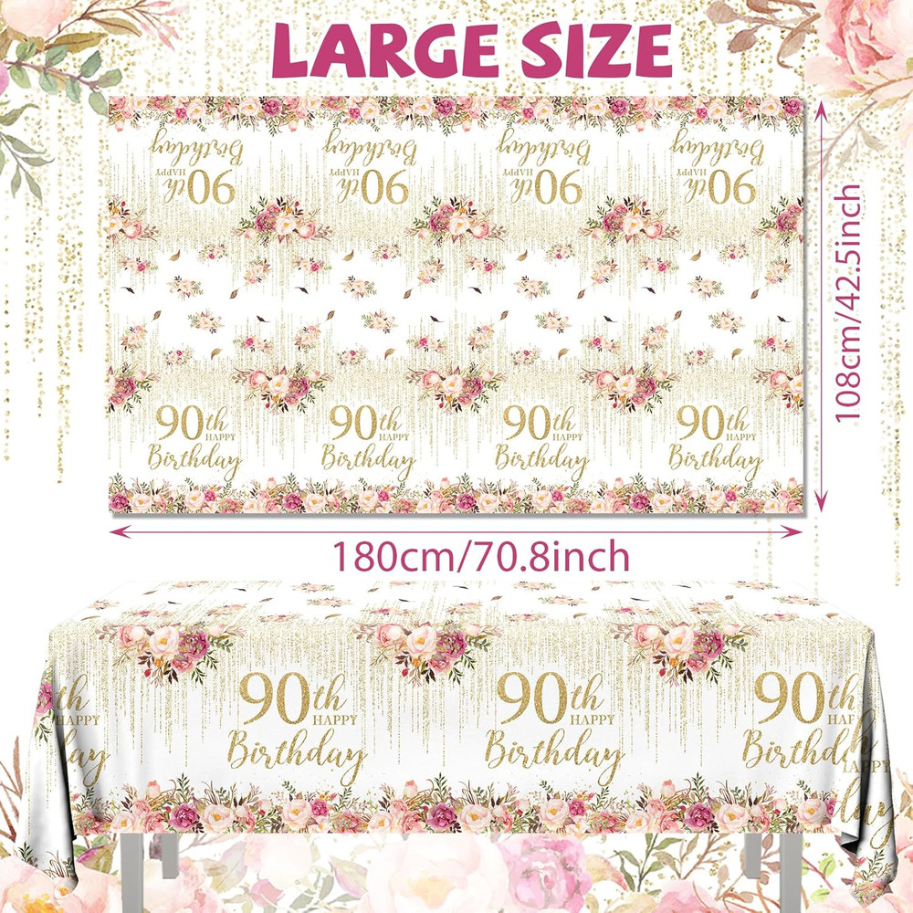 3Pcs 90Th Birthday Tablecloth,Rose Gold 90Th Birthday Tablecloth Rectangular ...