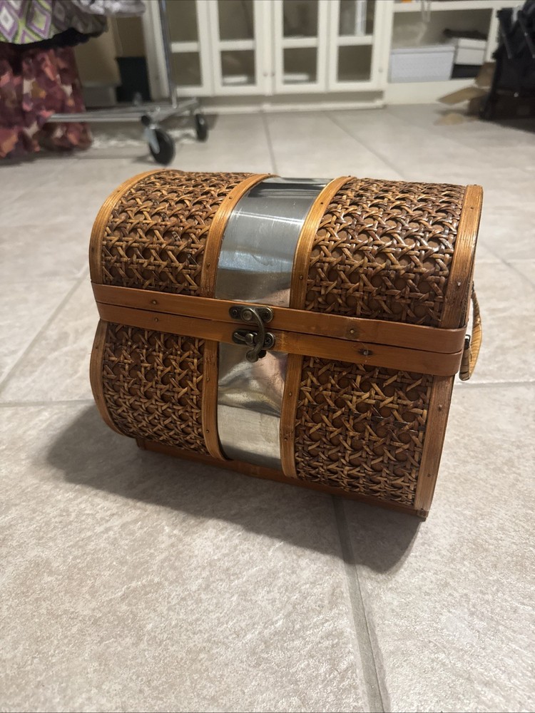 Antique Wicker Chest With Lock Closure Trinket Box
