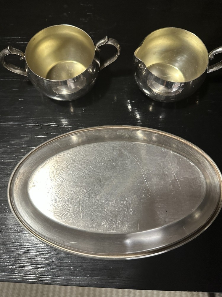 WM A. ROGERS Silverplate Creamer, Sugar Bowl & Tray Set Engraved Tableware