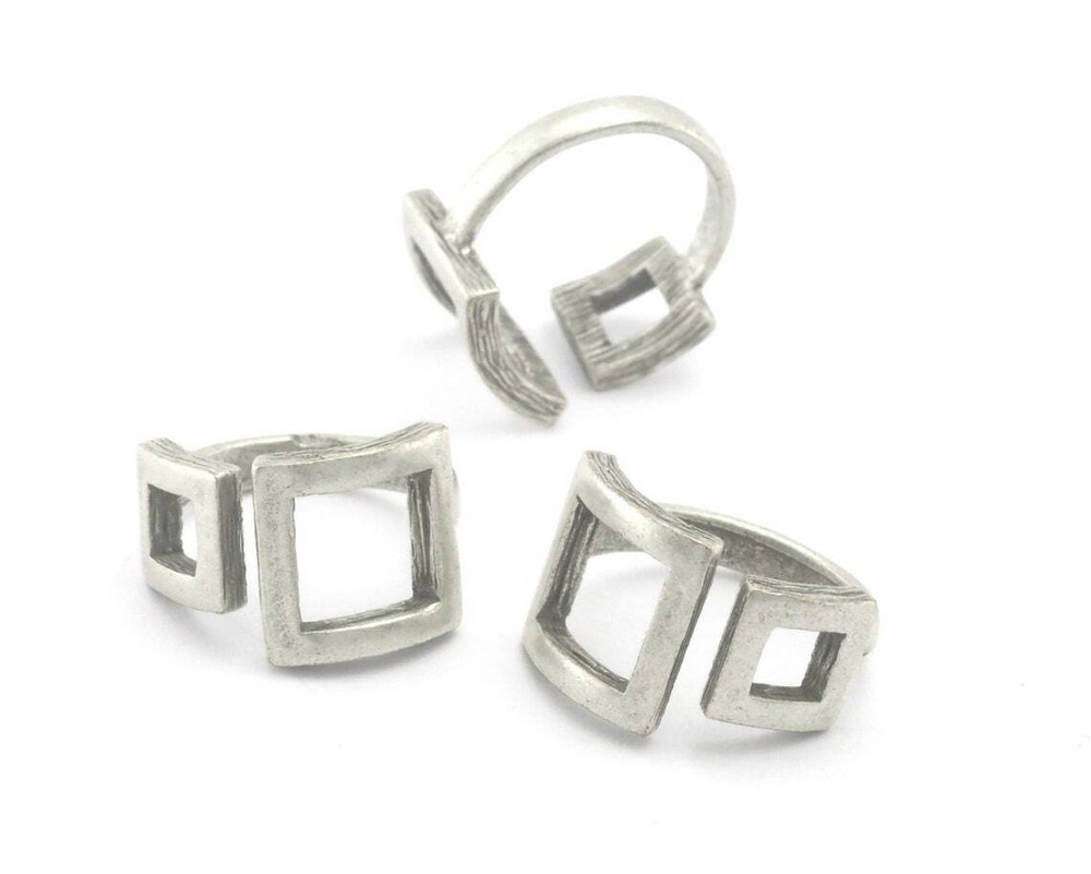 Square Frames Adjustable Statement Ring Antique silver plated brass 6-8US 4347