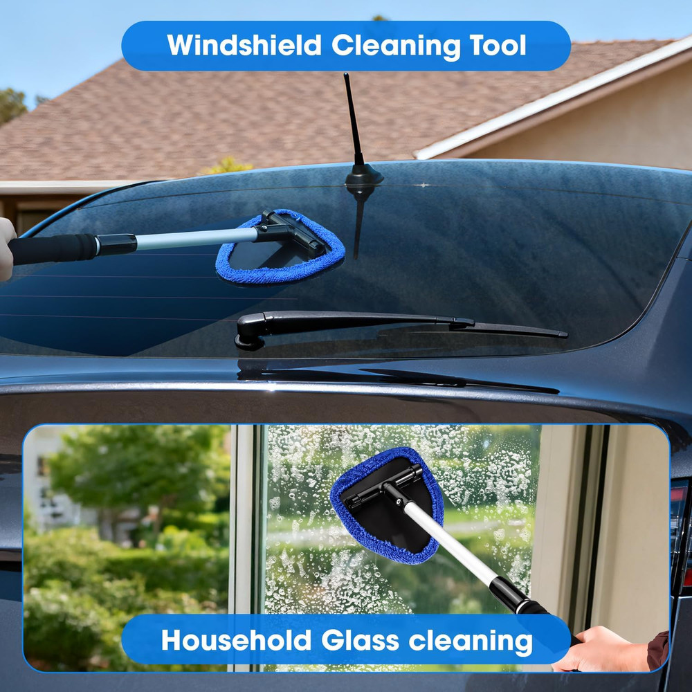 Windshield Cleaner Tool, Car Interior Cleaning Kit with Extendable Handle and 3