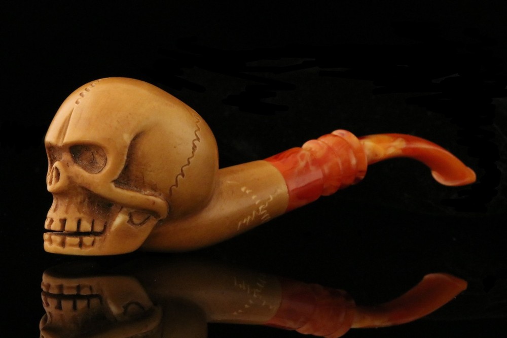 srv - Skull Block Meerschaum Pipe with fitted case M3042