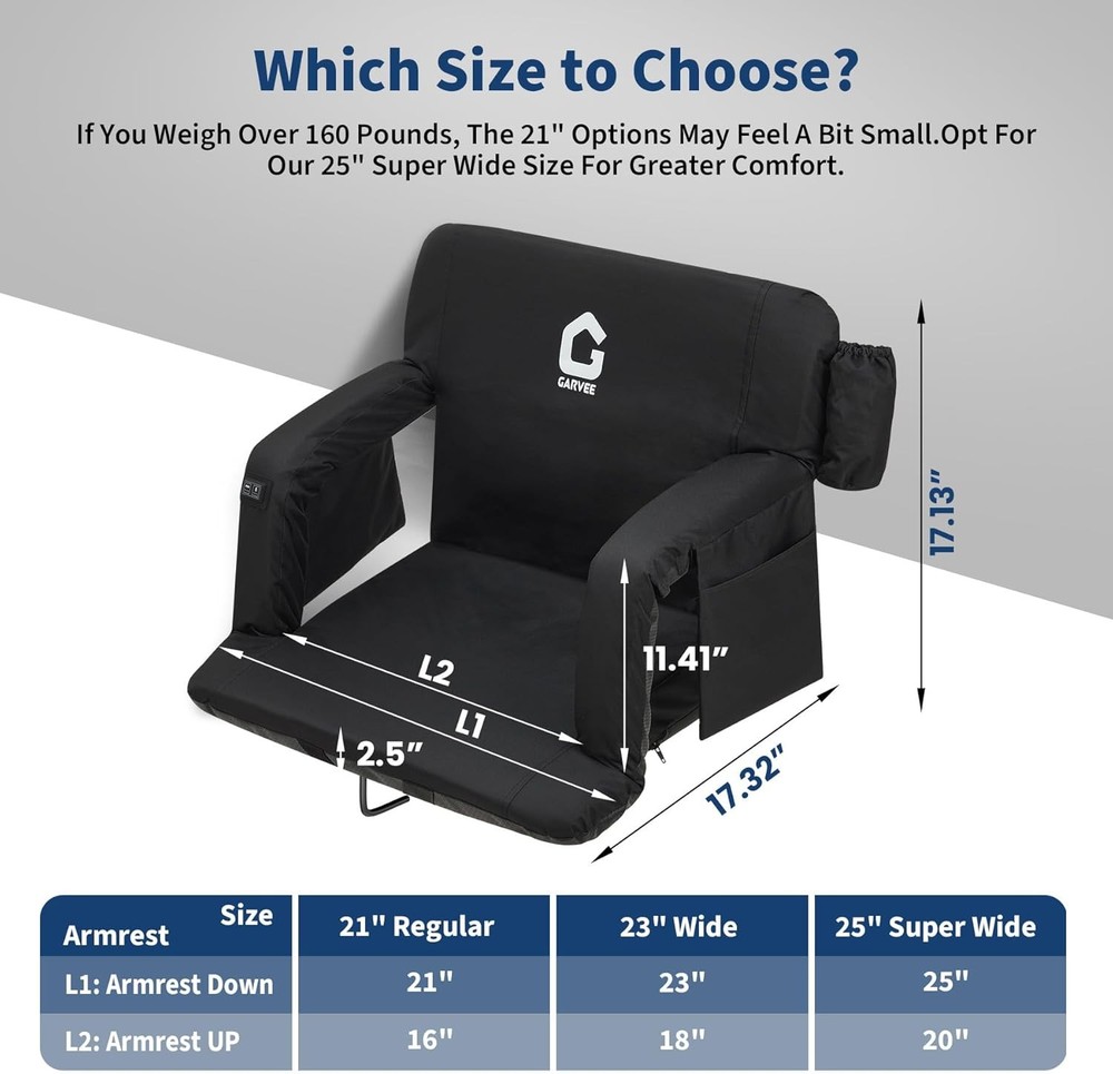 2pcs Heated Stadium Seats for Bleachers w/ Back Support 3 Level Heating 6 Angle