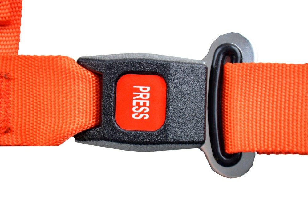 ORANGE 4 POINT SEAT BELT 2" HARNESS, PULL DOWN LAP BELTS FLOOR MOUNT PUSH BUTTON