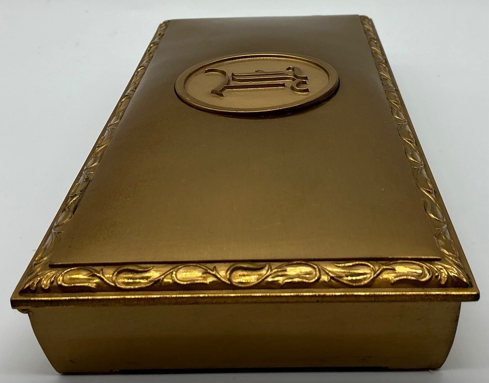 MCM Brass Hyde Park cork lined 8” box attached lid 2 sections 1950s monogram I