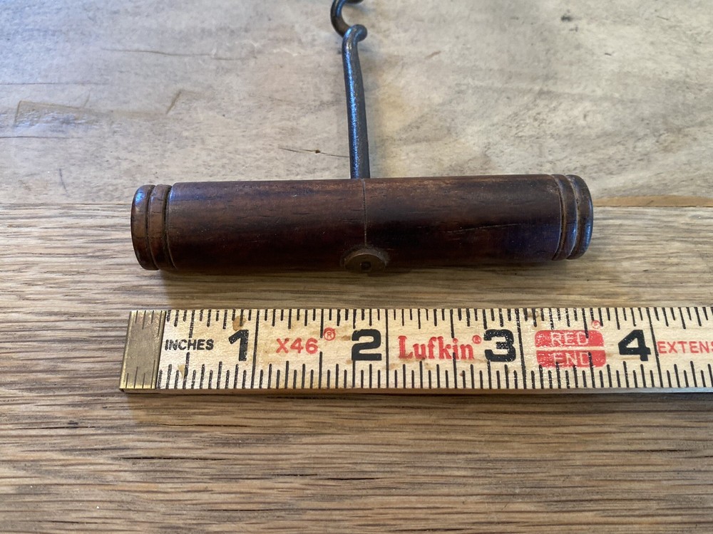 Antique Early Wood Handle Direct Pull Corkscrew Brass Grommet Top Simple