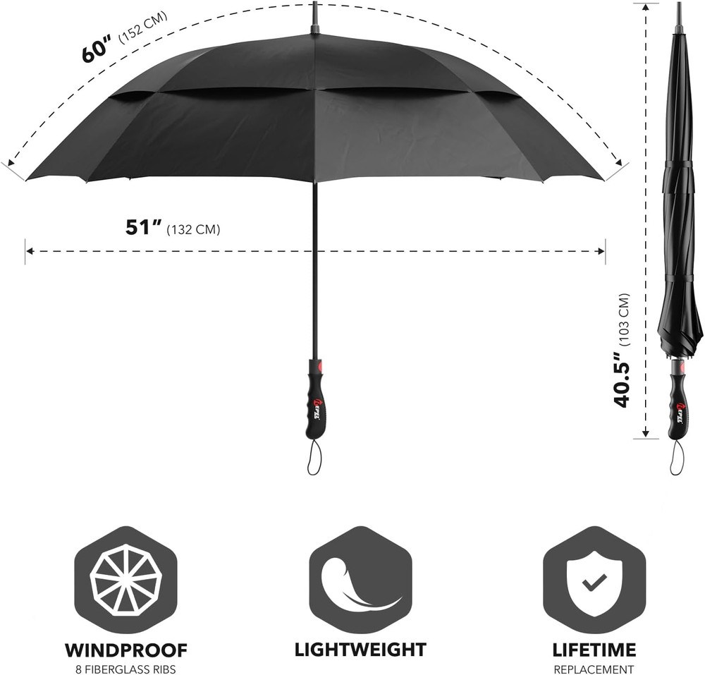 Extra Large Windproof Golf Umbrella - 60" Wide Vented Double Canopy