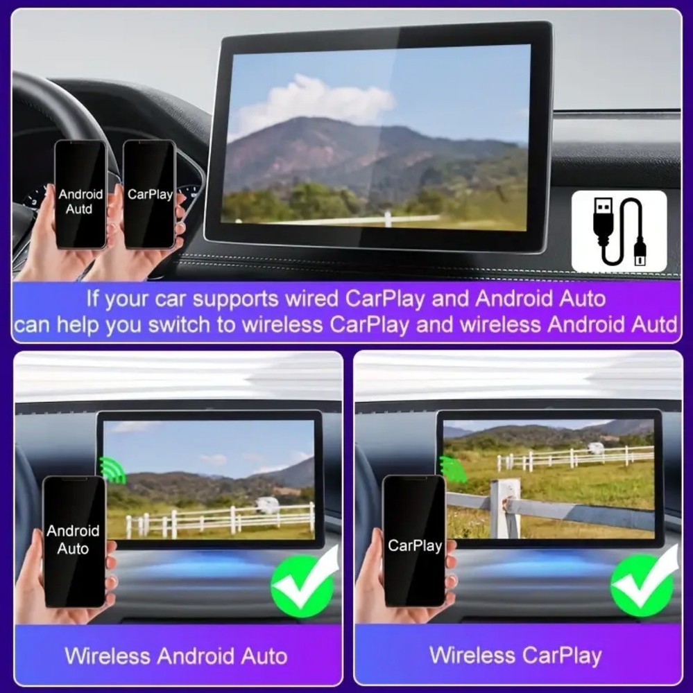 Wired to Wireless CarPlay Adapter /Android Auto Adapter Plug & Play 2-in-1