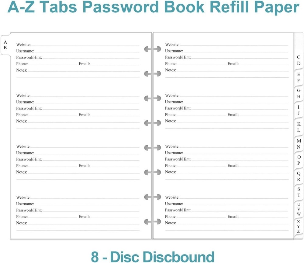 A5 TUL Discbound Password Book Refills - 8-Disc A-Z Password Notebook Refill ...