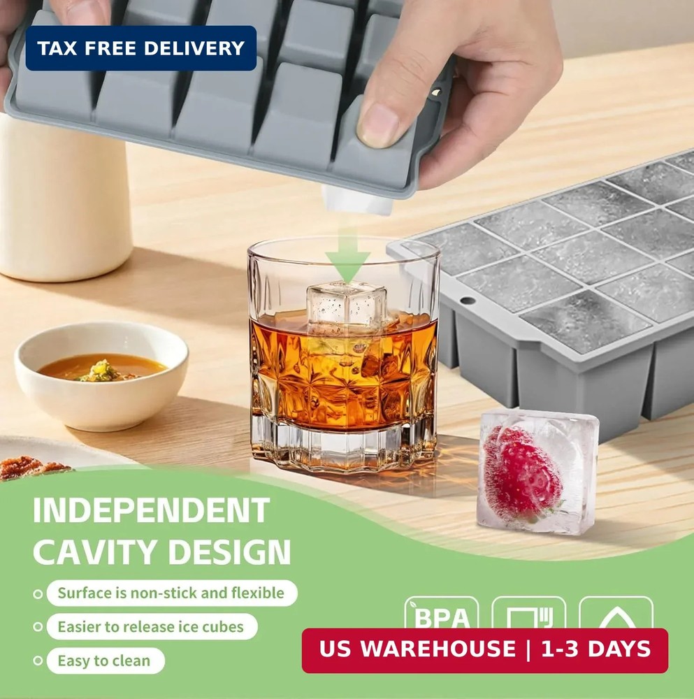 Silicone Ice Cube Tray with Locks Lids, Easy Release Flexible 15 Square Ice Tray