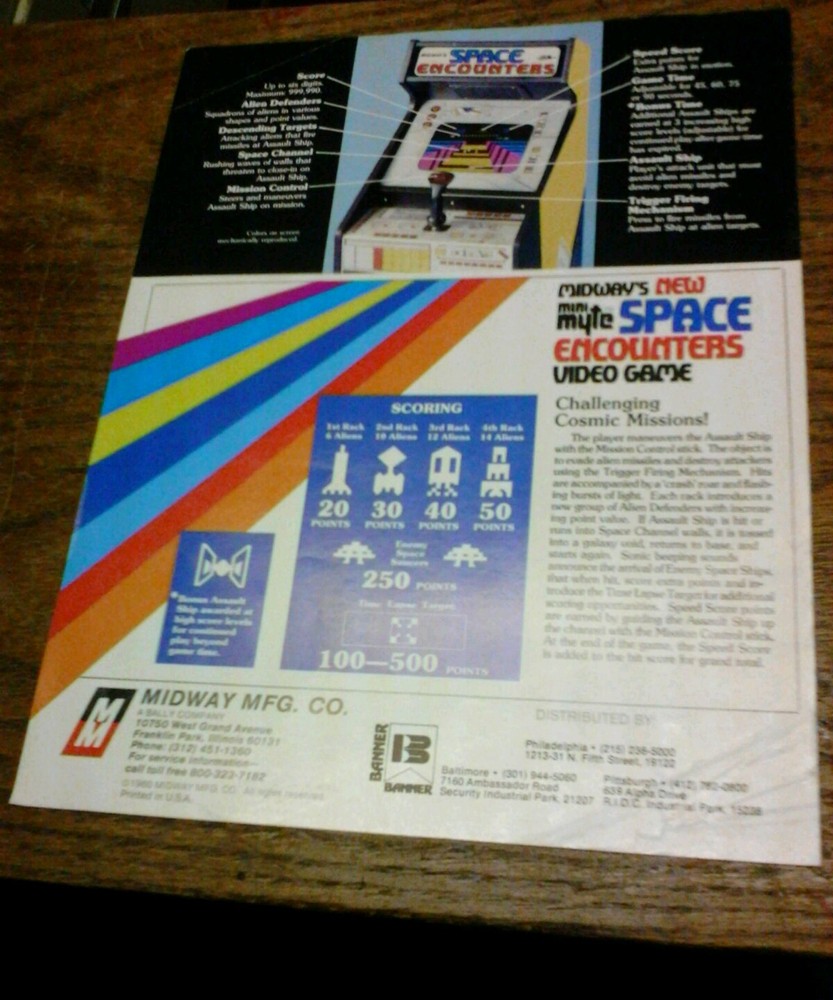 Midway SPACE ENCOUNTERS Mini Myte Arcade Video Game flyer- original