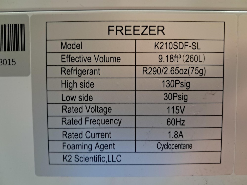 K2 Scientific Model K210SDF 10 Cu. Ft. Solid Door Upright Laboratory Freezer