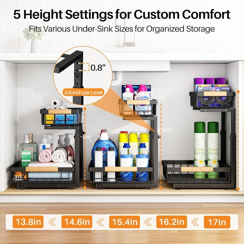 Under Sink Organizer Adjustable Height 2 Tier Pull Out Under Cabinet Organizer