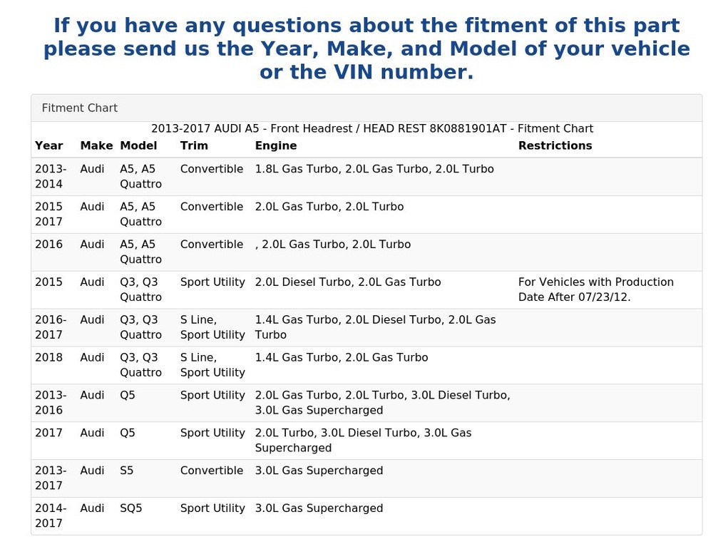 2013-2017 AUDI A5 - Front Headrest / HEAD REST 8K0881901AT