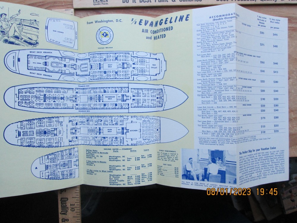 s/s evangeline fall Cruises 1959 Brochure deck plans