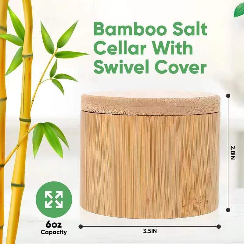 Salt Cellar, Bamboo Salt Container with Lid, Solid Salt Box Holder with 360° Swi